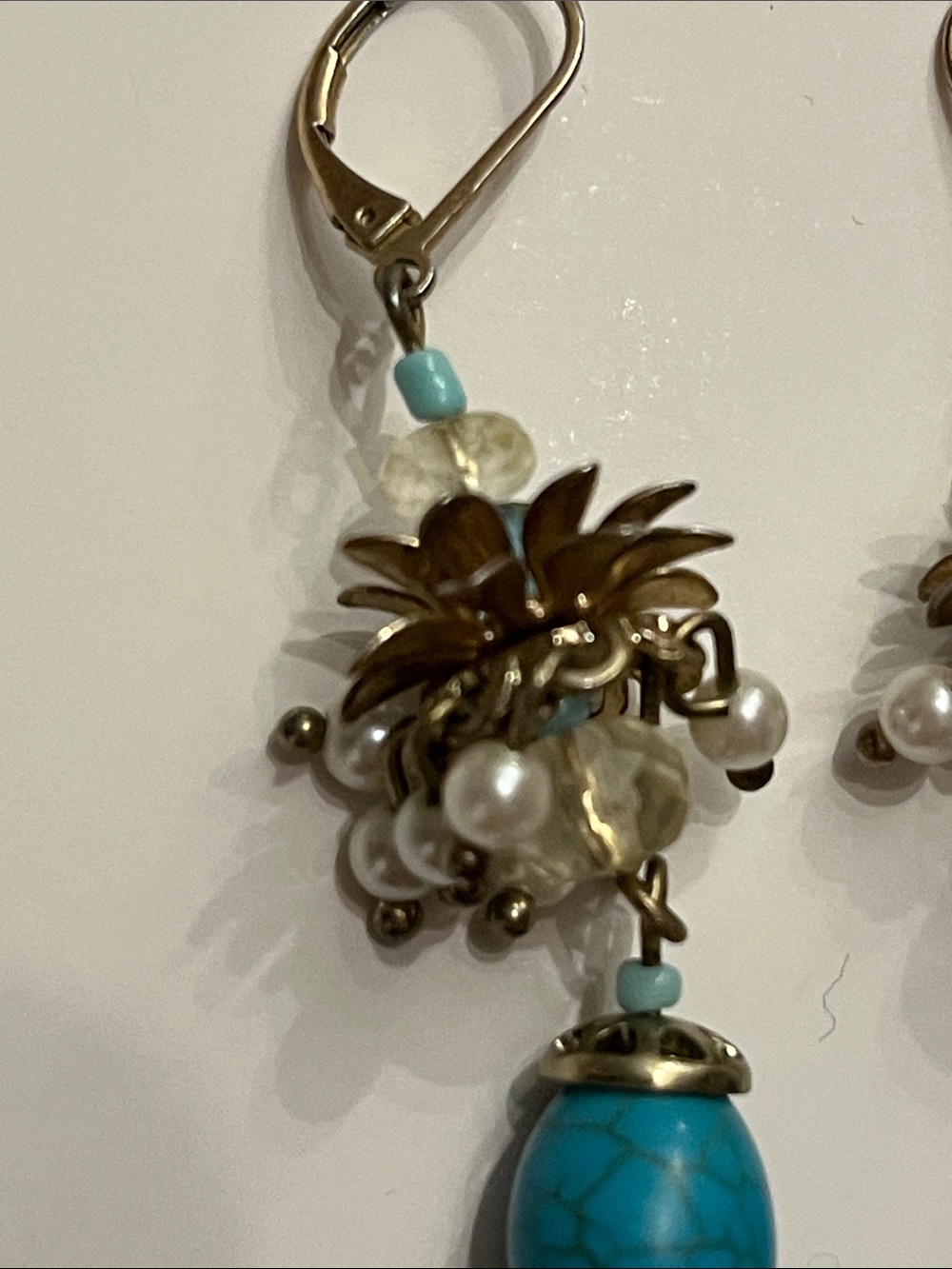 Talbots Turquoise Cluster Drop Earrings with Faux Pearls and Crystal Beads - Picture 3 of 12